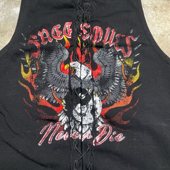 asos design size 4 flaming motorcycle and eagle lace up tanktop concert shirt - Picture 2 of 6